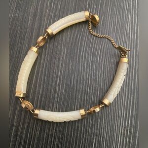 Cream and Gold Tube Link  carved mother of pearl Asian Bracelet for Women